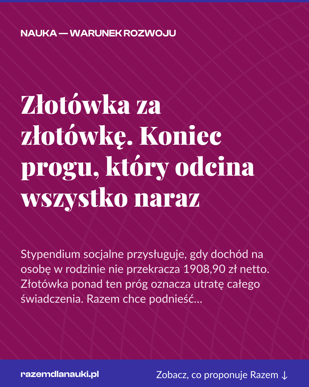 Grafika pionowa do udostępnienia: Złotówka za złotówkę. Koniec progu, który odcina wszystko naraz