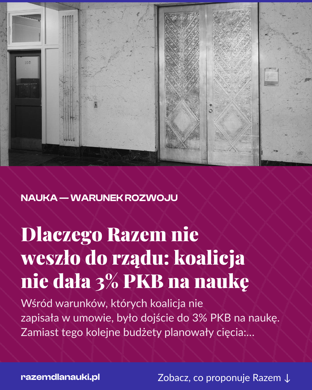 Grafika pionowa do udostępnienia: Dlaczego Razem nie weszło do rządu: koalicja nie dała 3% PKB na naukę