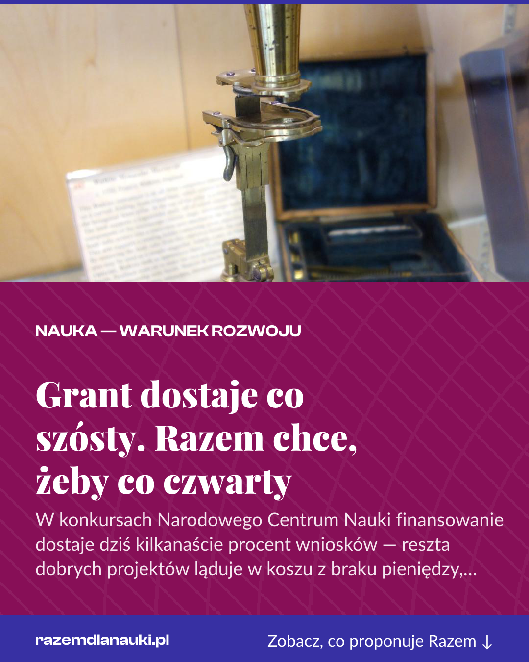 Grafika pionowa do udostępnienia: Grant dostaje co szósty. Razem chce, żeby co czwarty