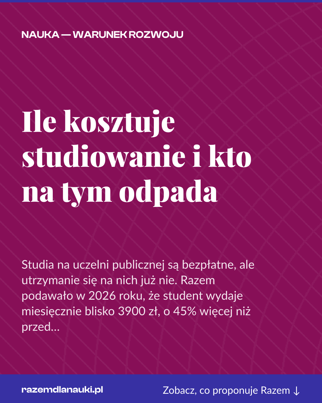 Grafika pionowa do udostępnienia: Ile kosztuje studiowanie i kto na tym odpada