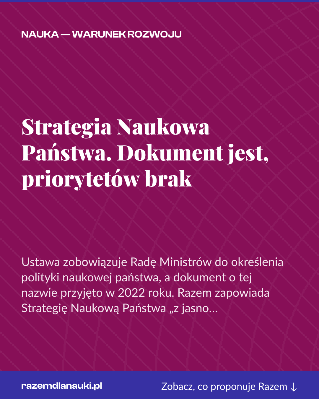 Grafika pionowa do udostępnienia: Strategia Naukowa Państwa. Dokument jest, priorytetów brak