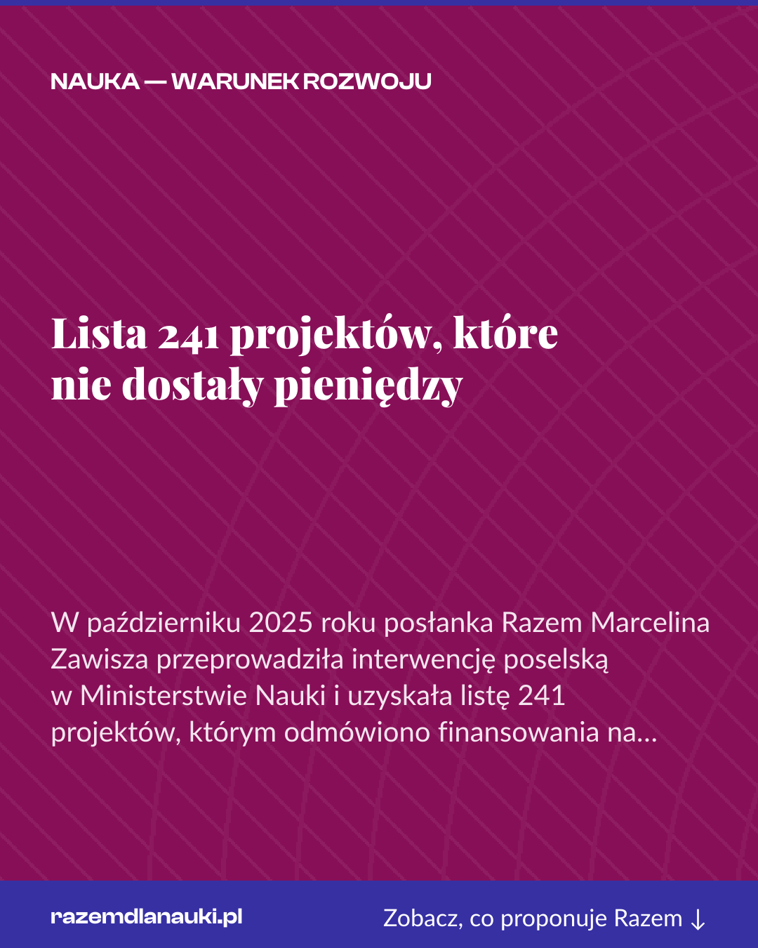 Grafika pionowa do udostępnienia: Lista 241 projektów, które nie dostały pieniędzy