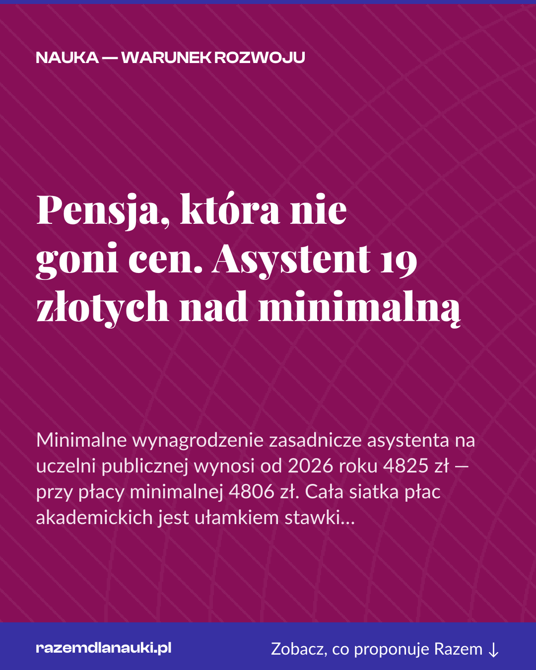 Grafika pionowa do udostępnienia: Pensja, która nie goni cen. Asystent 19 złotych nad minimalną