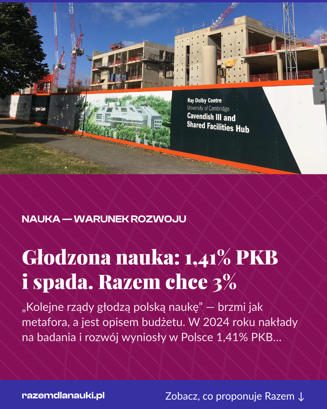 Grafika pionowa do udostępnienia: Głodzona nauka: 1,41% PKB i spada. Razem chce 3%